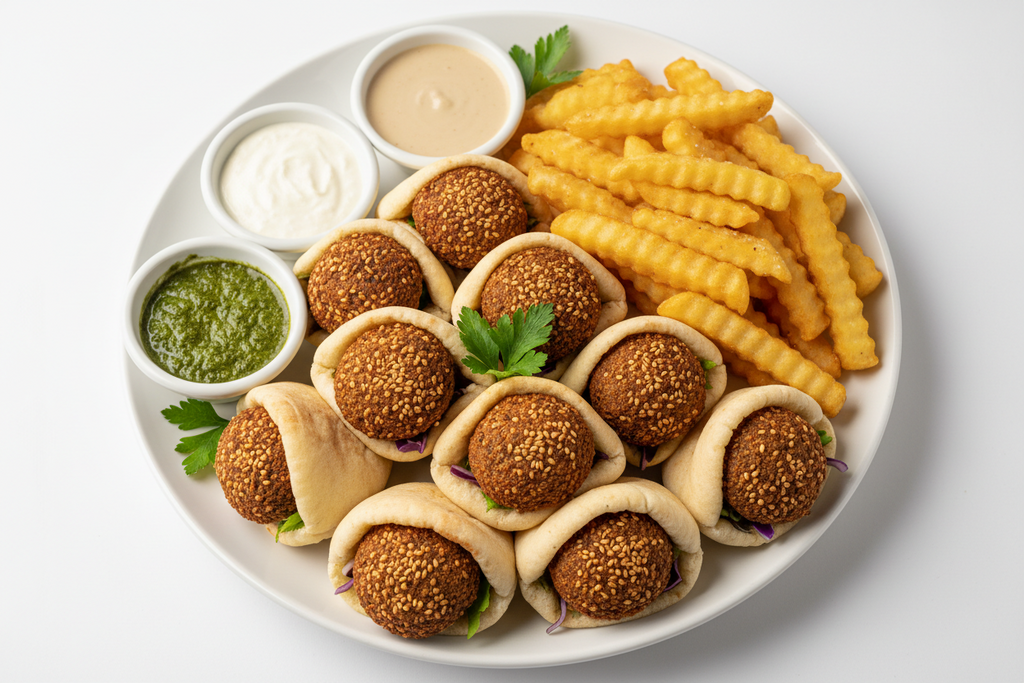 Falafel Mini Pita Bite Snack 10-in-1 Pack with Fries & Sauces