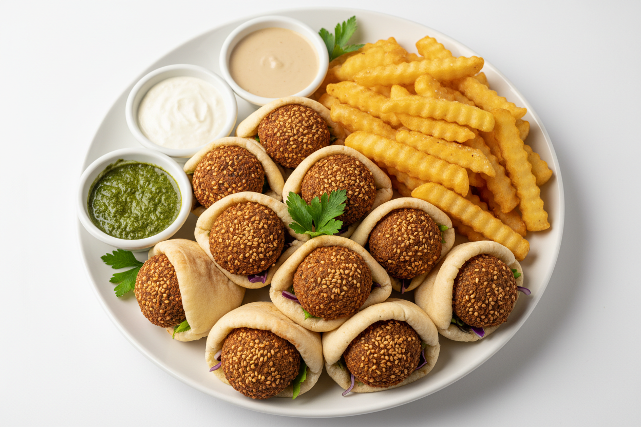 Falafel Mini Pita Bite Snack 10-in-1 Pack with Fries & Sauces